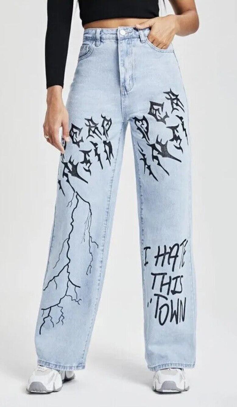 ‘I Hate This Town' Grunge Baggie Designer Like Boyfriend Jeans Size Medium
